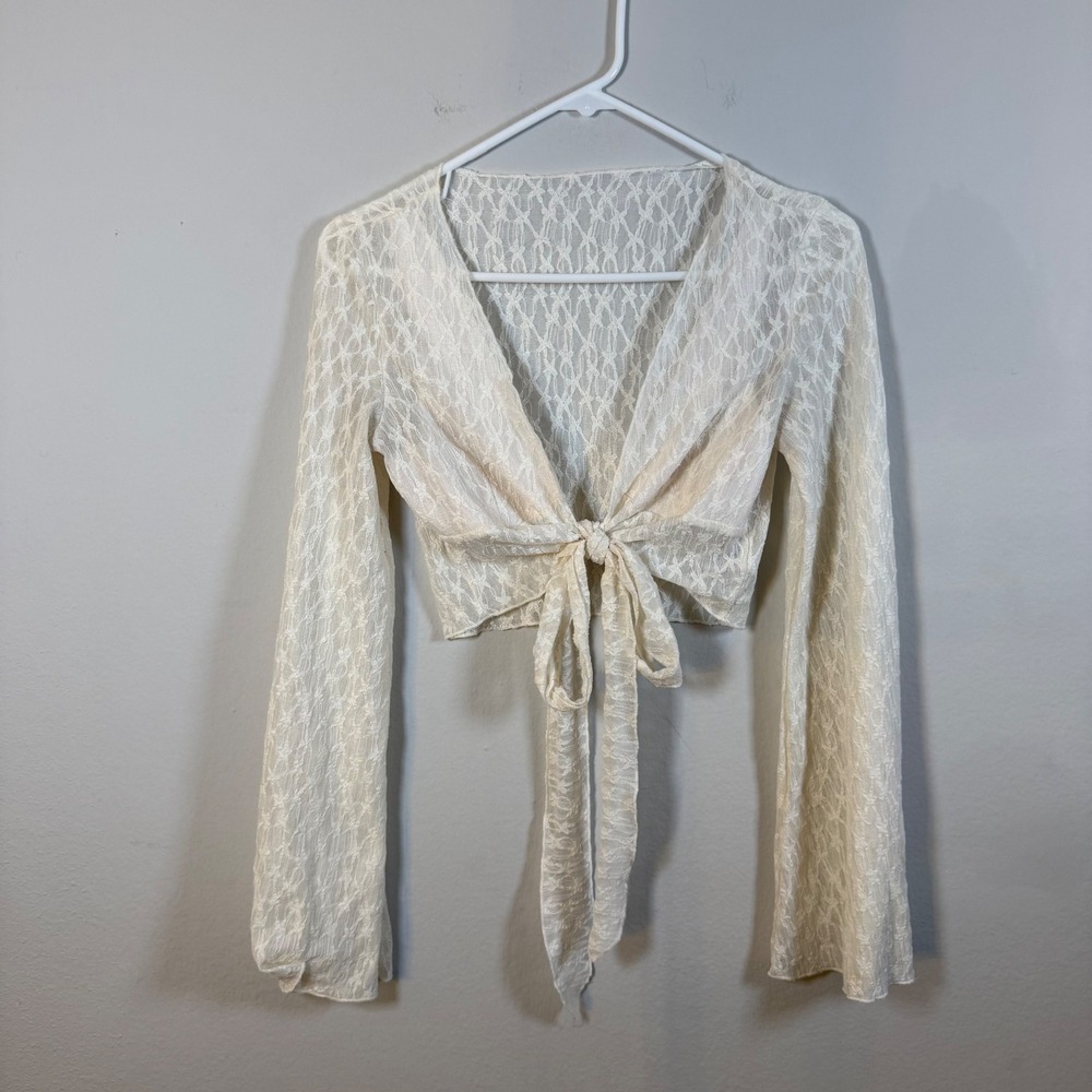 CIDER Lace Tie Front Cropped Top Bell Sleeve Beige XS